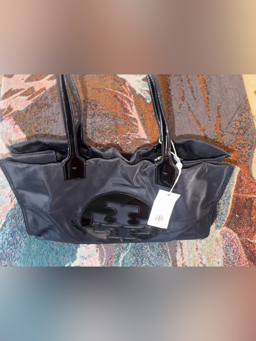 Tory Burch Black Ella Nylon Tote with Patent Logo and Handles - Picture 3 of 7